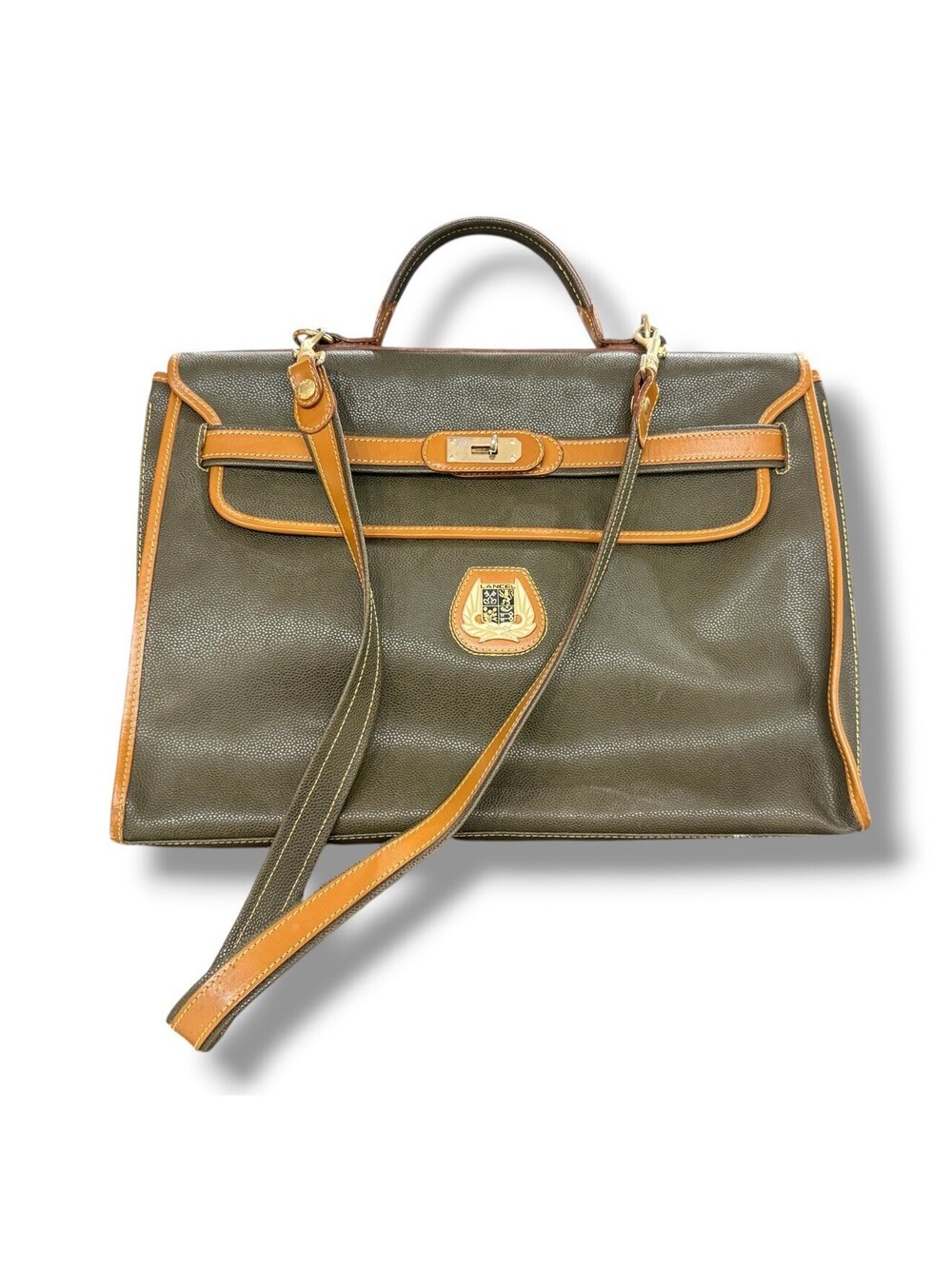 RARE Vintage Lancel Paris Green Pebbled Leather Kelly Style Business Bag France